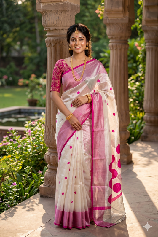 White and purple Tissue Banarasi silk saree with intricate traditional patterns and an unstiched blouse by Saarang Sarees.