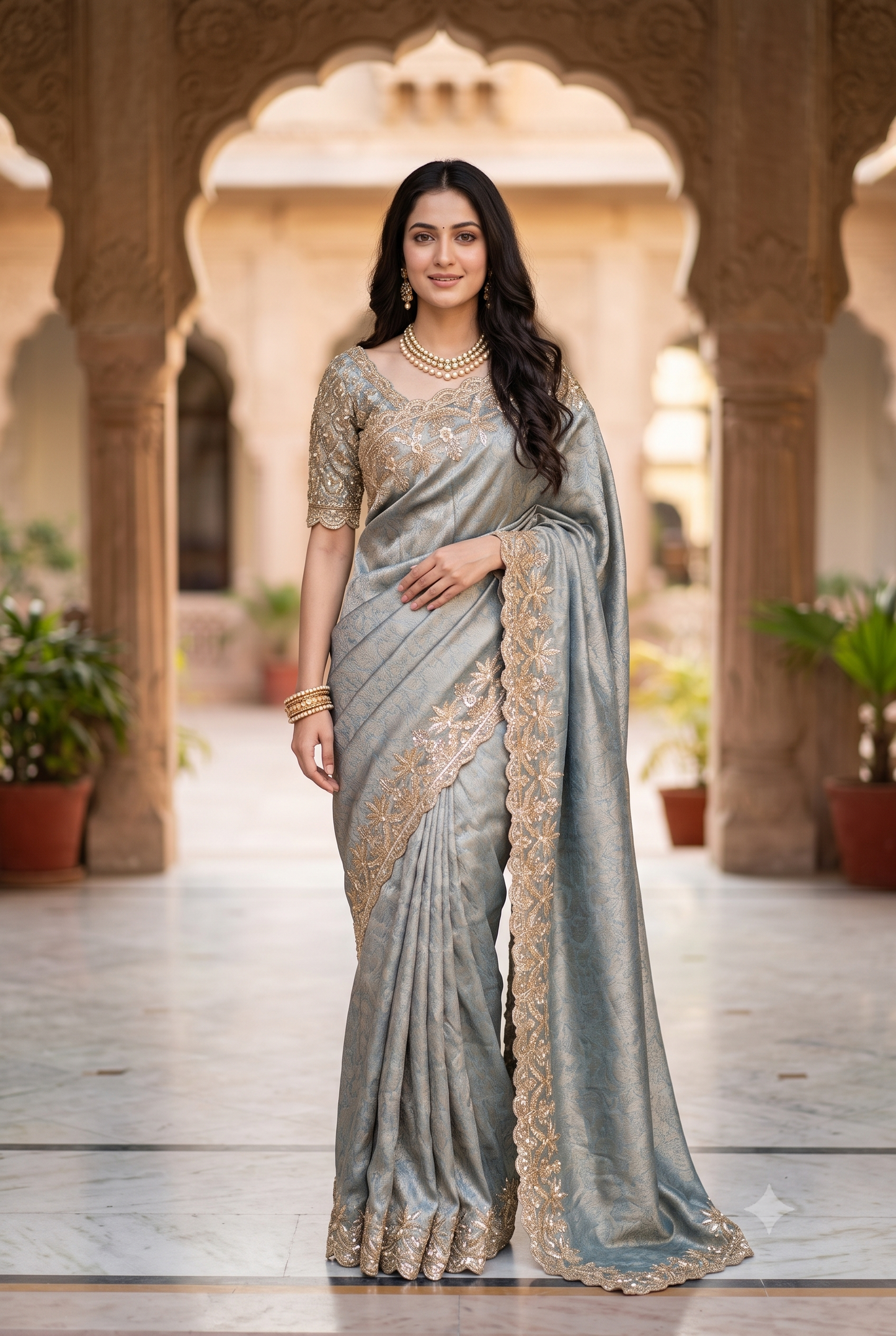 Grey Tissue Kanjeevaram Silk Sarees With Embroidery Work, With Unstiched Blouse