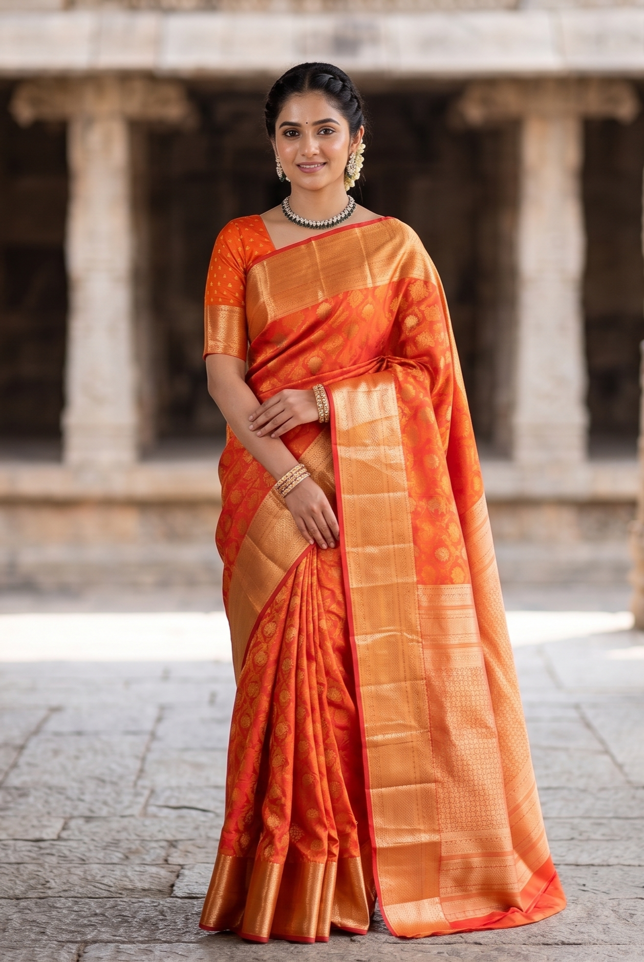 Orange Pure Kanjeevaram Silk Saree, With Unstiched Blouse