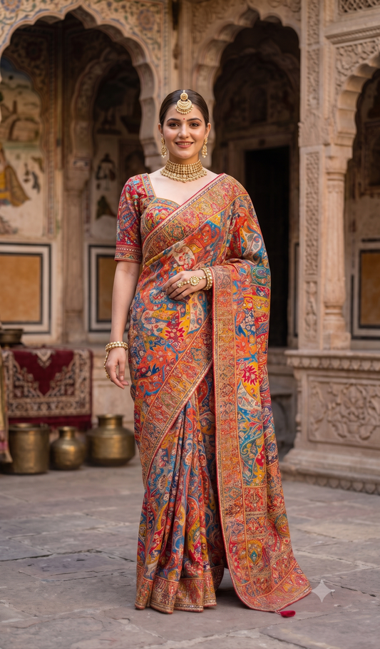 Multi Cocktail Satin Crepe Saree, With Unstiched Blouse