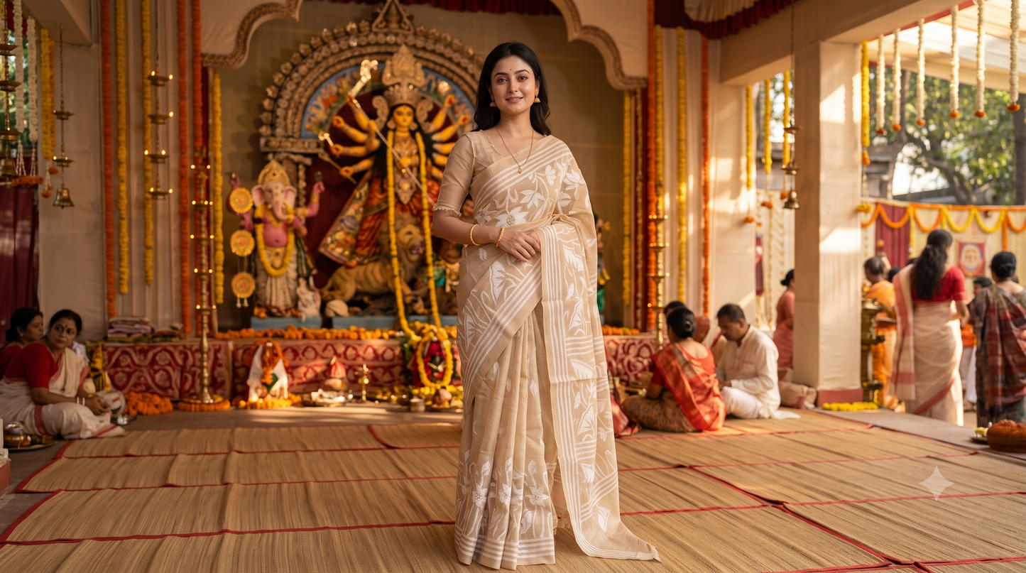 Beige Tussar Embroidery Saree With Kantha Work Border, With Unstitched Blouse