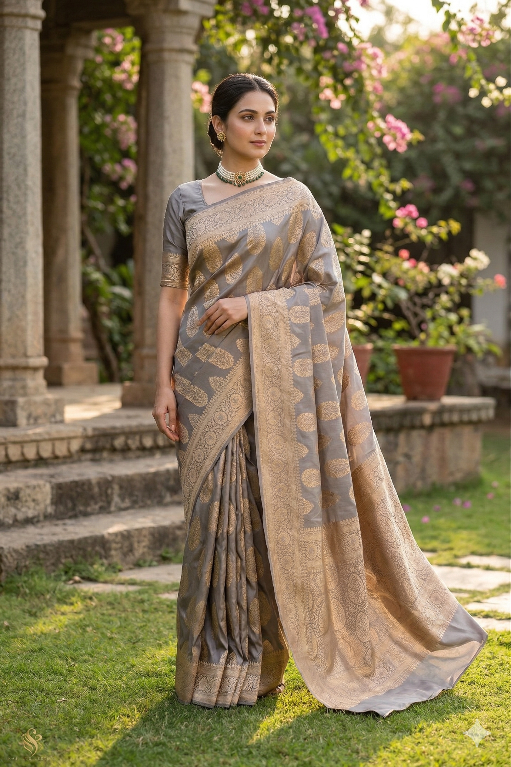 Grey Uppada Banarasi saree with intricate gold zari work and matching unstiched blouse, traditional Indian wear from Saarang Sarees.