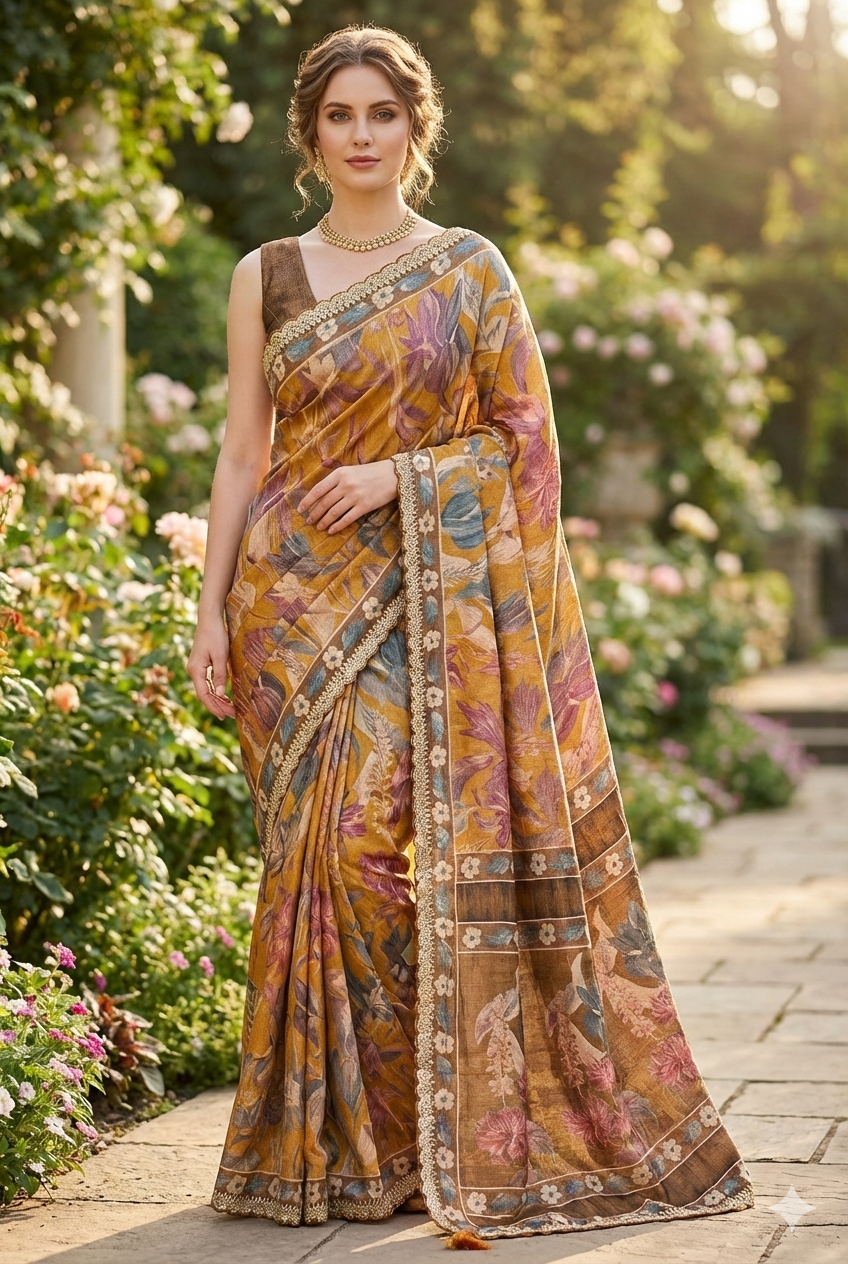 Mustard Yellow Tussar Silk Printed Saree With Embroidery Border, With Unstiched Blouse