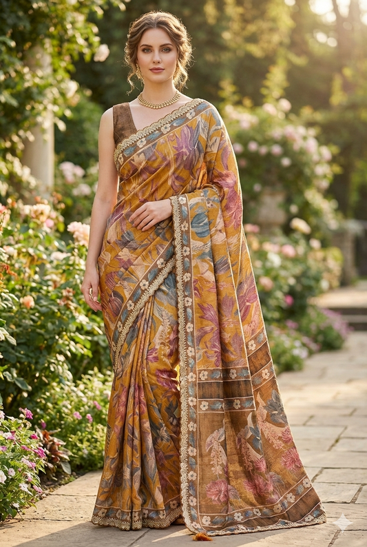 Mustard Yellow Tussar Silk Printed Saree With Embroidery Border, With Unstiched Blouse