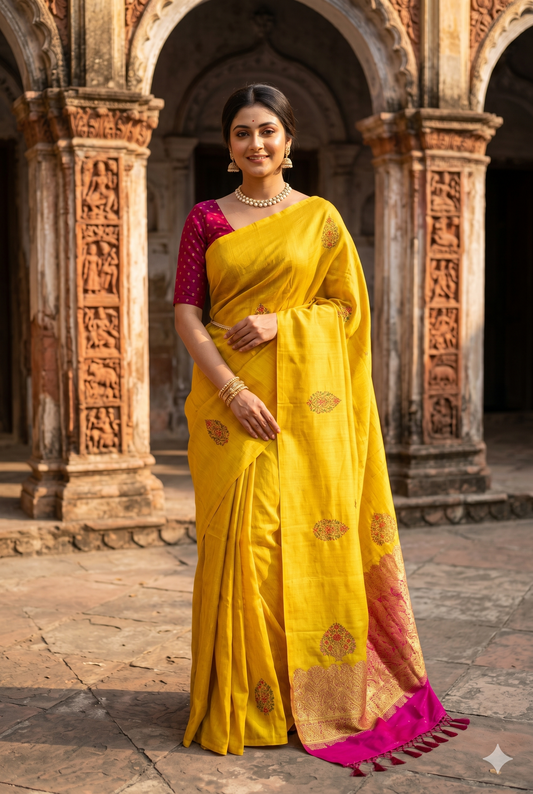 Yellow Munga Banarasi Silk Saree with intricate gold zari work and matching unstitched blouse, traditional Indian wear by Saarang Sarees.