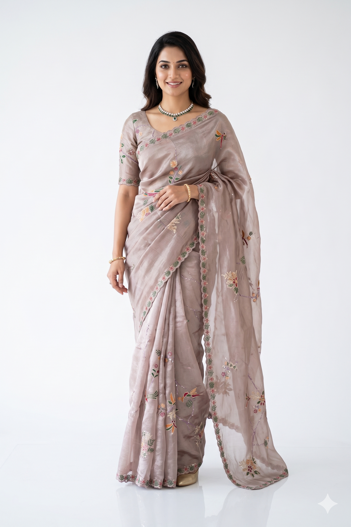 Grey Tissue With Aari Work Saree, With Unstiched Blouse