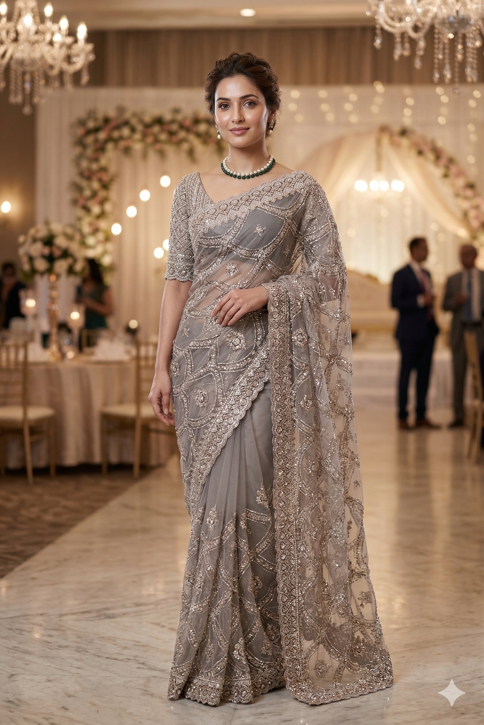Grey party wear net saree with embroidery and readymade blouse from Saarang Sarees, shown draped with intricate detailing.