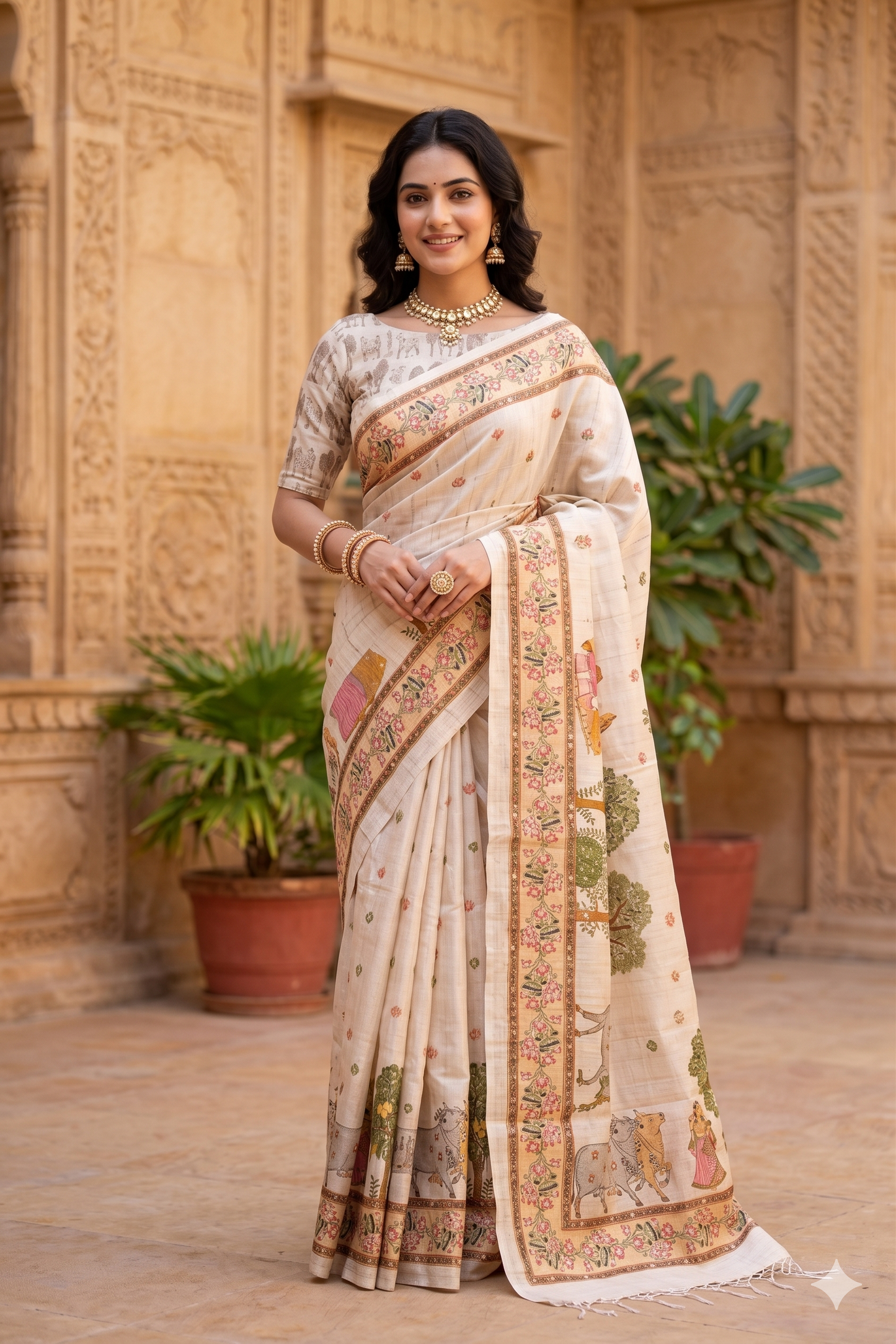 Off-White Tussar Pichwai With Aari Work Saree, With Unstiched Blouse