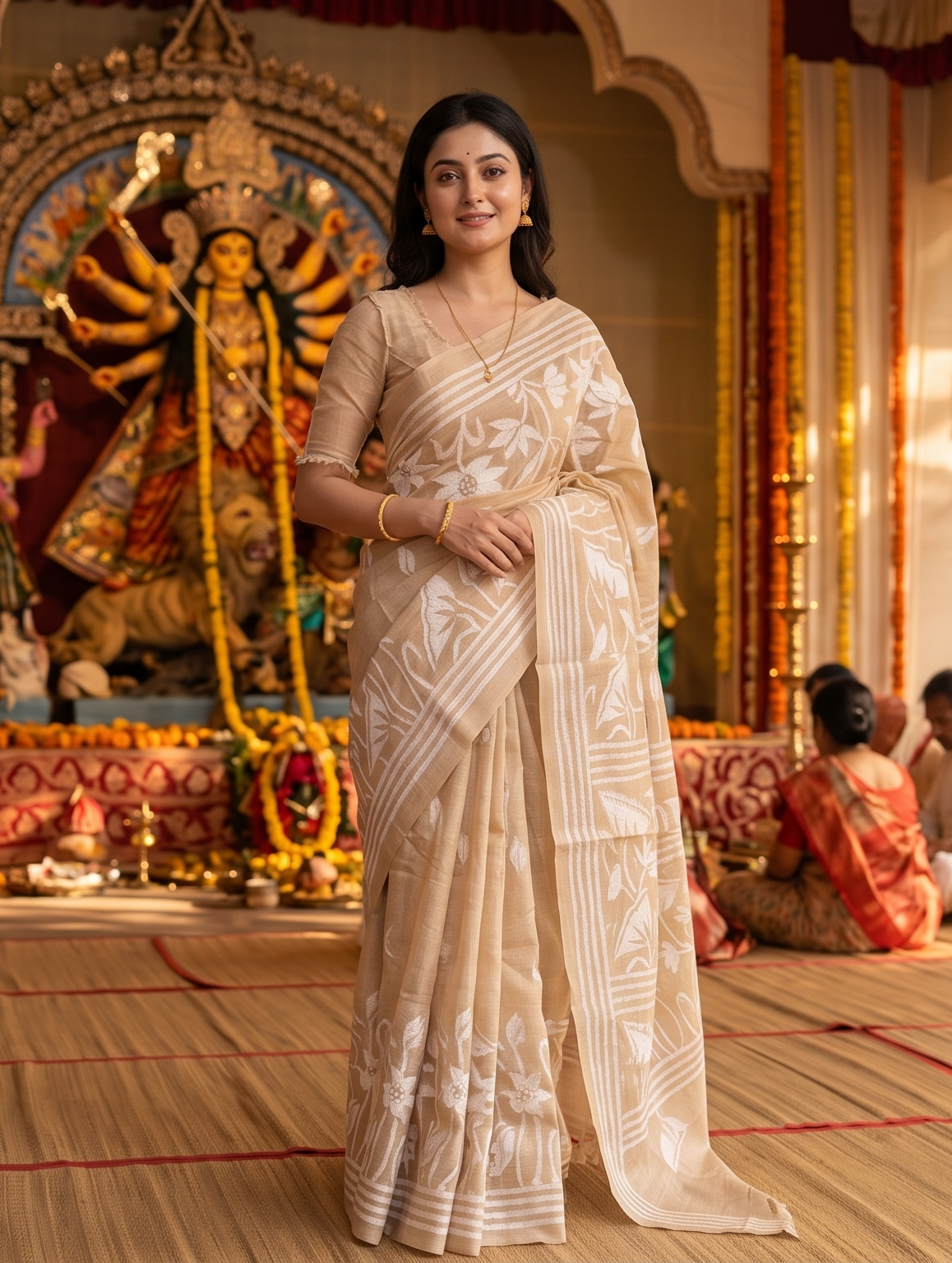 Beige Tussar Embroidery Saree With Kantha Work Border, With Unstitched Blouse