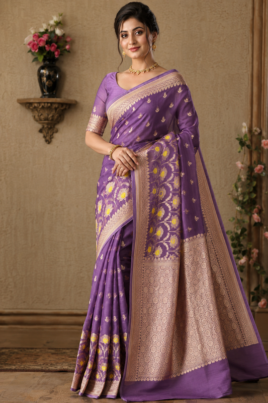 Purple Kora Banarasi Silk Saree With Hand Weving Work, With Unstiched Blouse