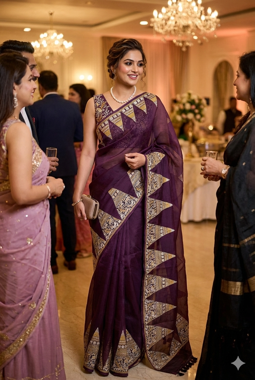 Deep Purple Organza Printed Saree With Pita Zari Border, With Unstiched Blouse