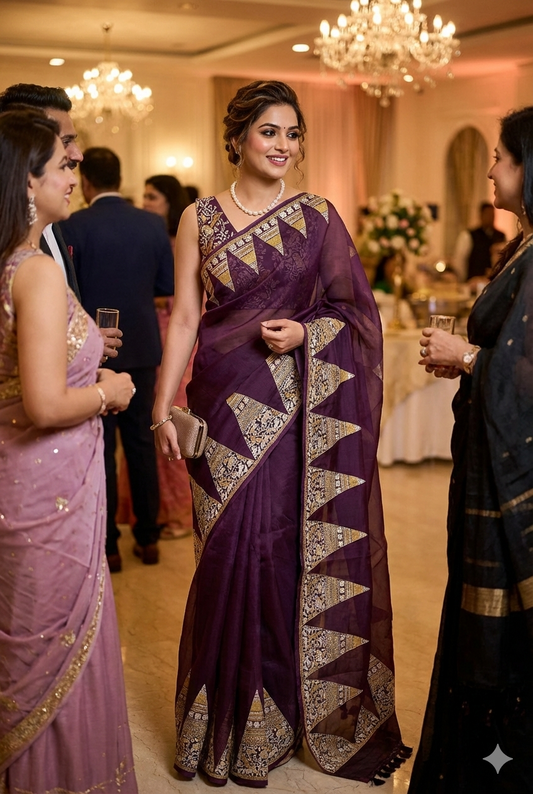 Deep Purple Organza Printed Saree With Pita Zari Border, With Unstiched Blouse
