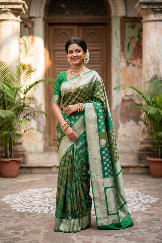 Deep & Light Green Rangkat Munga Banarasi Silk Saree, With Unstiched Blouse