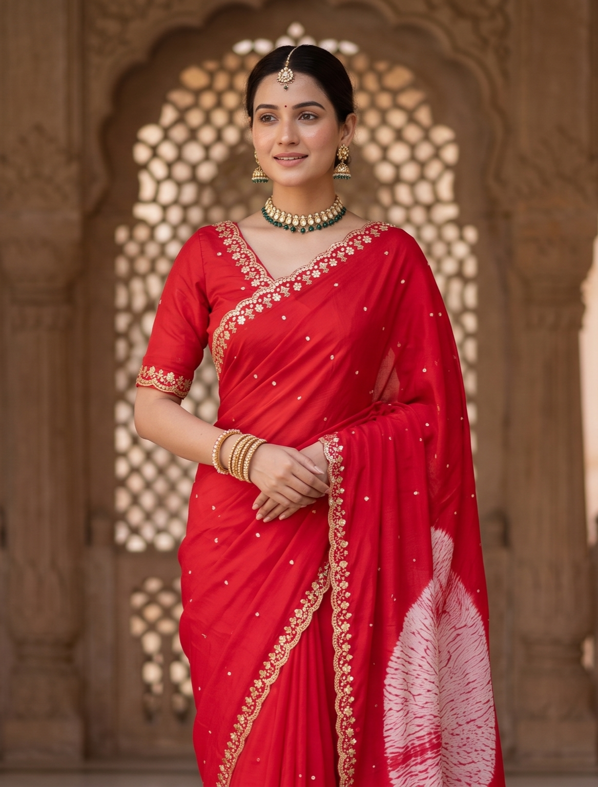 Cherry Red Soft Organza Mirror Work Saree, With Unstiched Blouse
