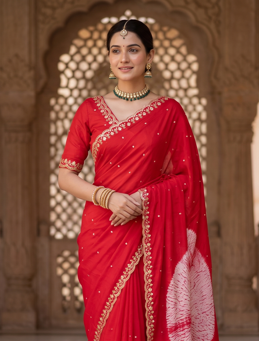 Cherry Red Soft Organza Mirror Work Saree, With Unstiched Blouse