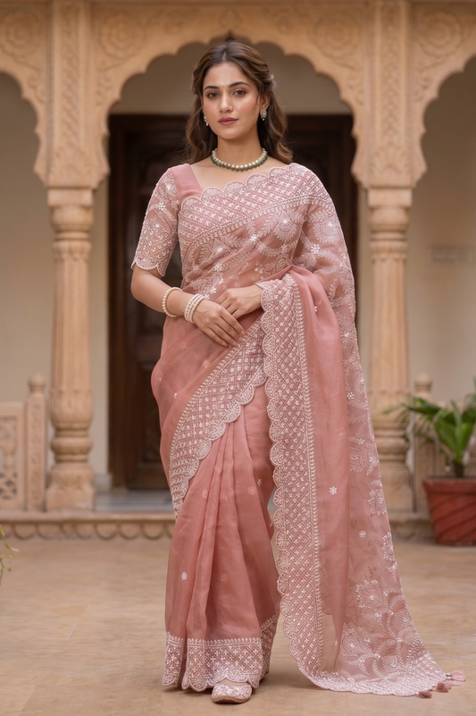 Peach Pink Organza Silk Hand Embroidery Saree, With Unstiched Blouse