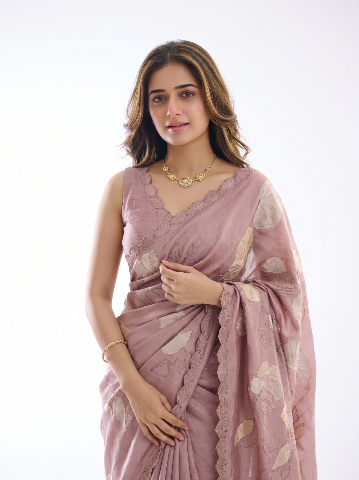 Onion Peach Tussar Applique Work Saree, With Unstiched Blouse