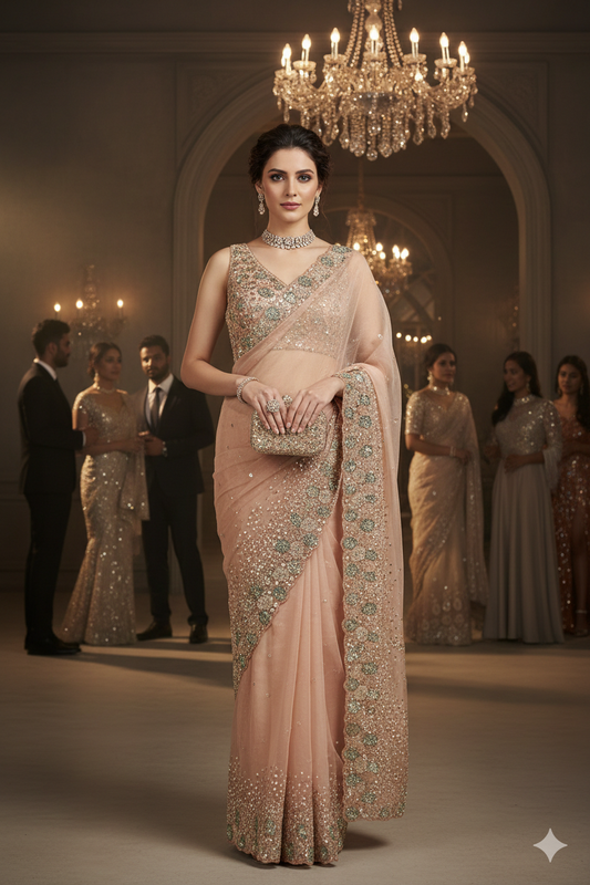 Peach Organza Silk Saree With Sequence Work, With Unstiched Blouse