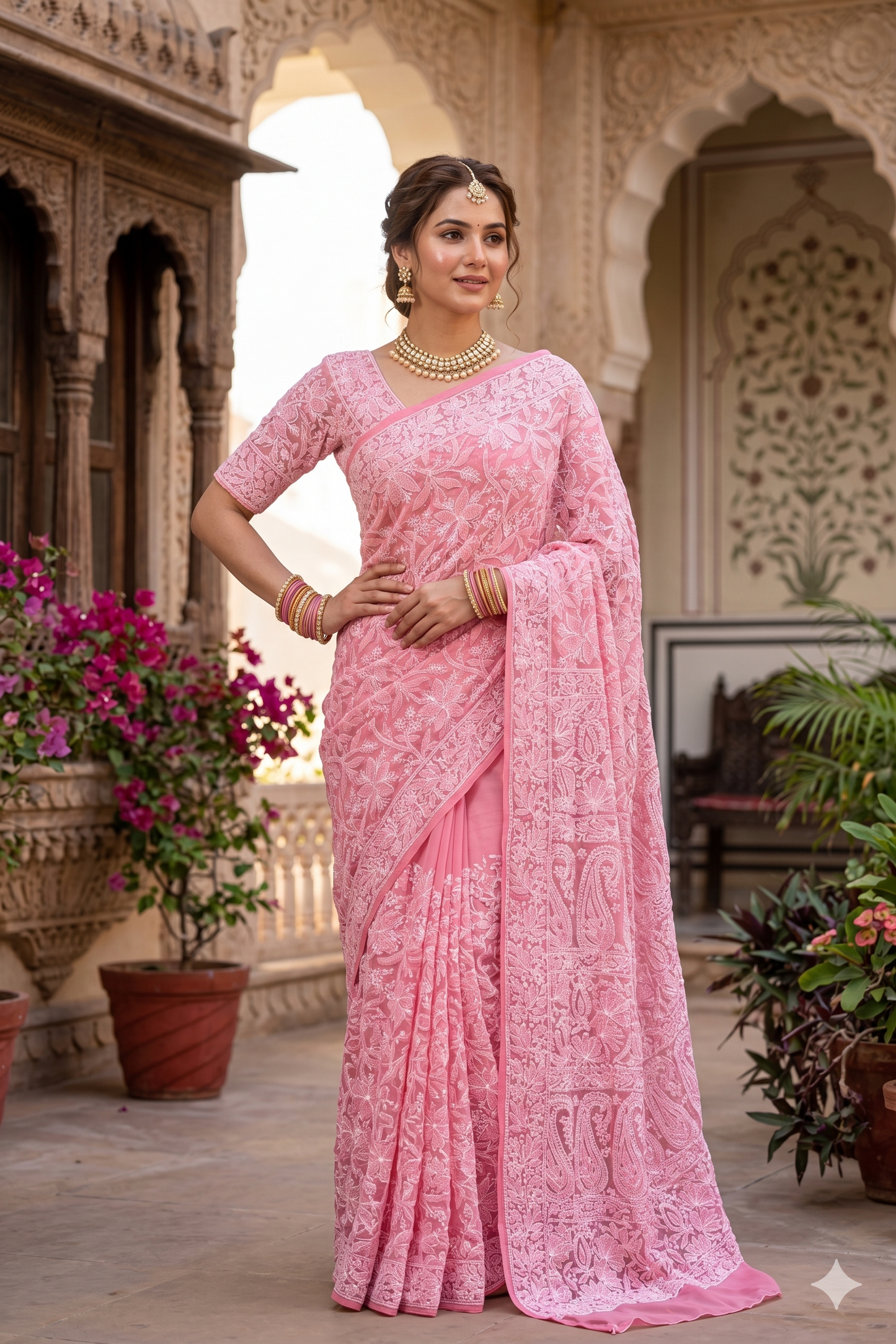 Pink Georgette Hand Chikankari Work Saree, With Unstiched Blouse