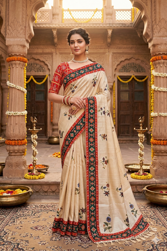 Off-White Tussar Patola Work Border Saree, With Unstiched Blouse