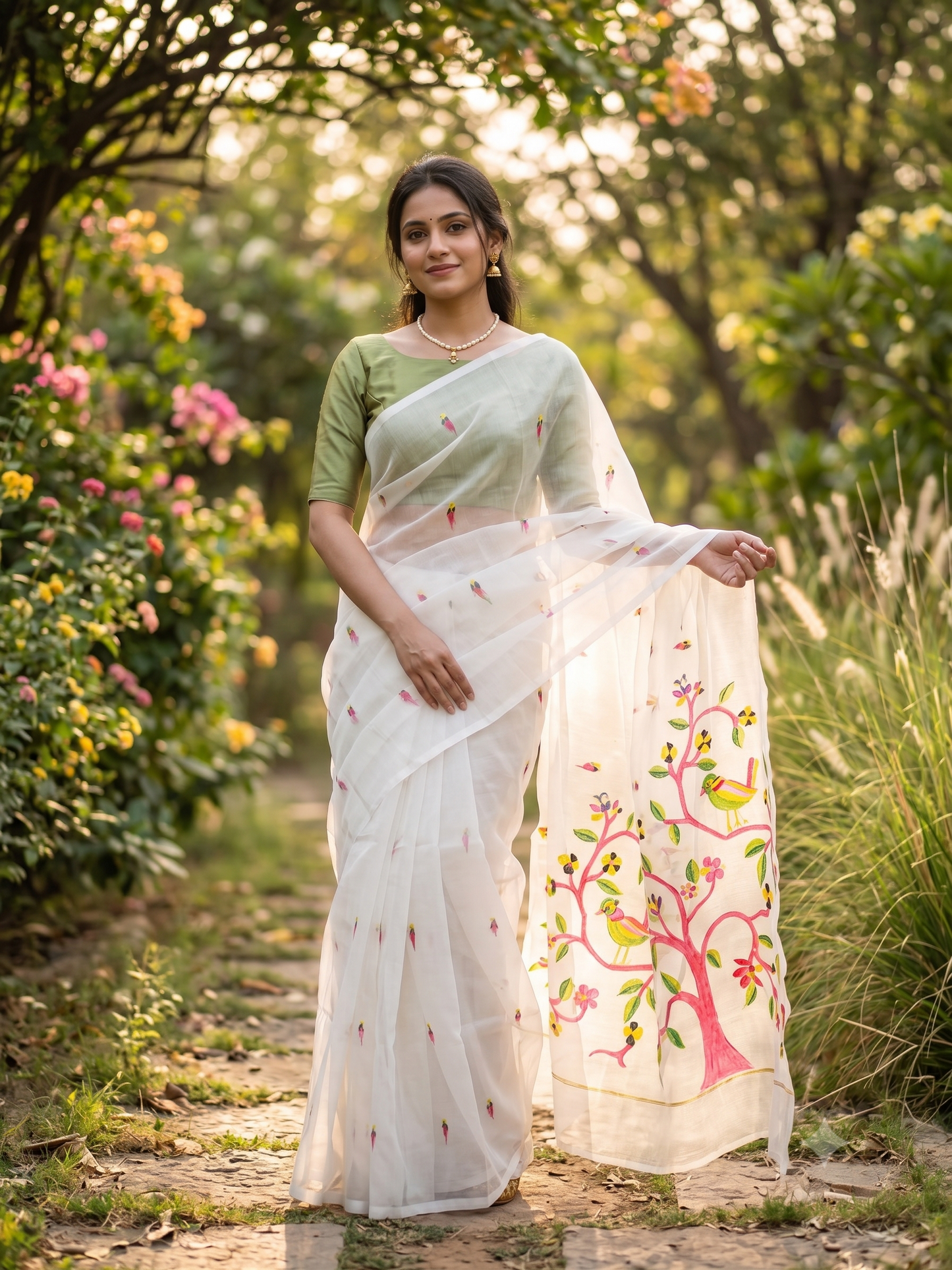 White Muslin Dhakai  Saree, Without Blouse