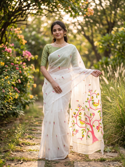 White muslin Dhakai saree by Saarang Sarees with intricate traditional design, without blouse, ideal for cultural or festive wear.