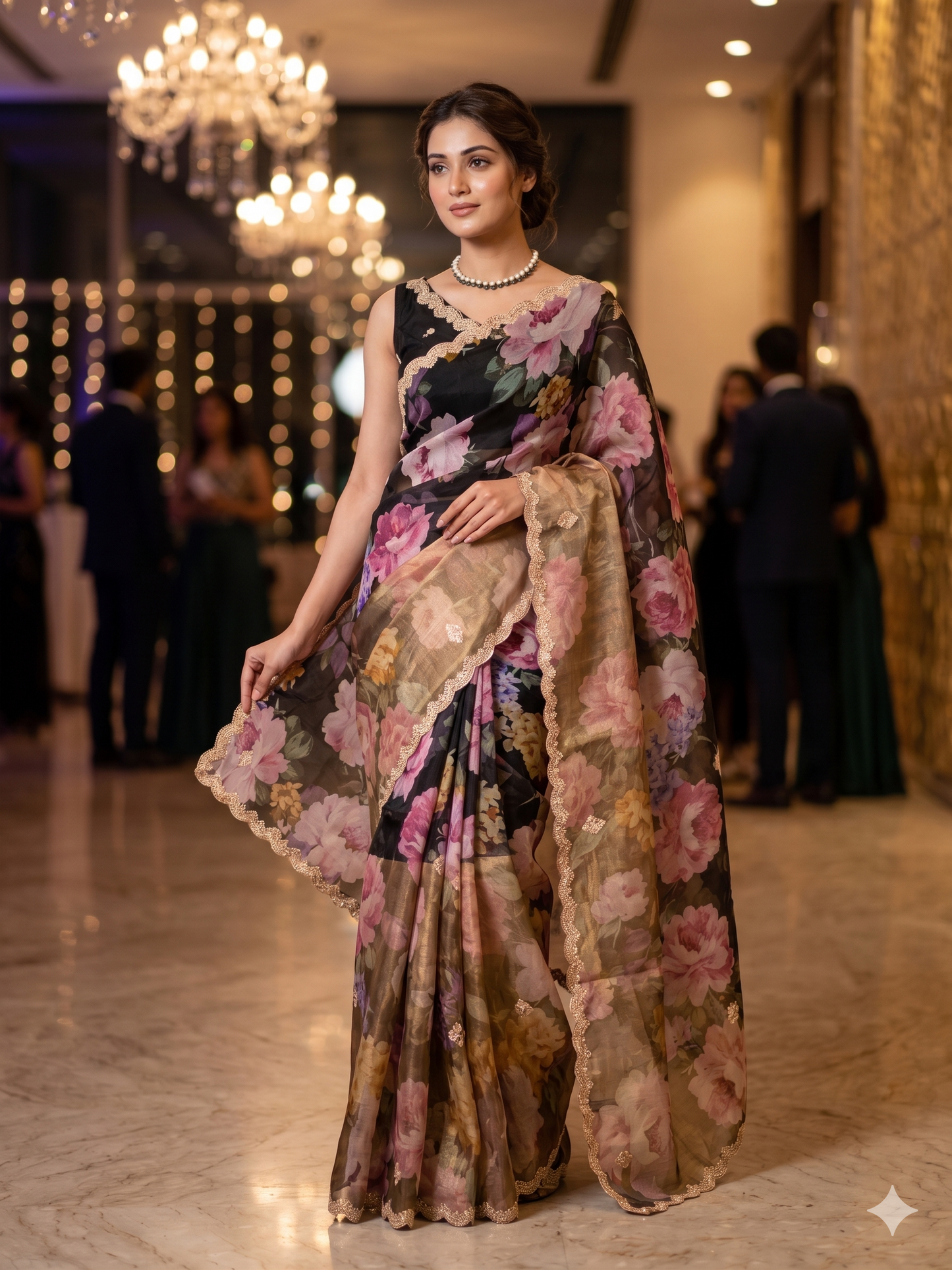 Black Floral Printed Tissue Silk Saree, With Unstiched Blouse