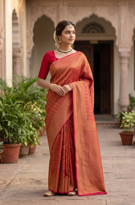 Red Mysore Crepe Silk Banarasi Saree, With Unstiched Blouse