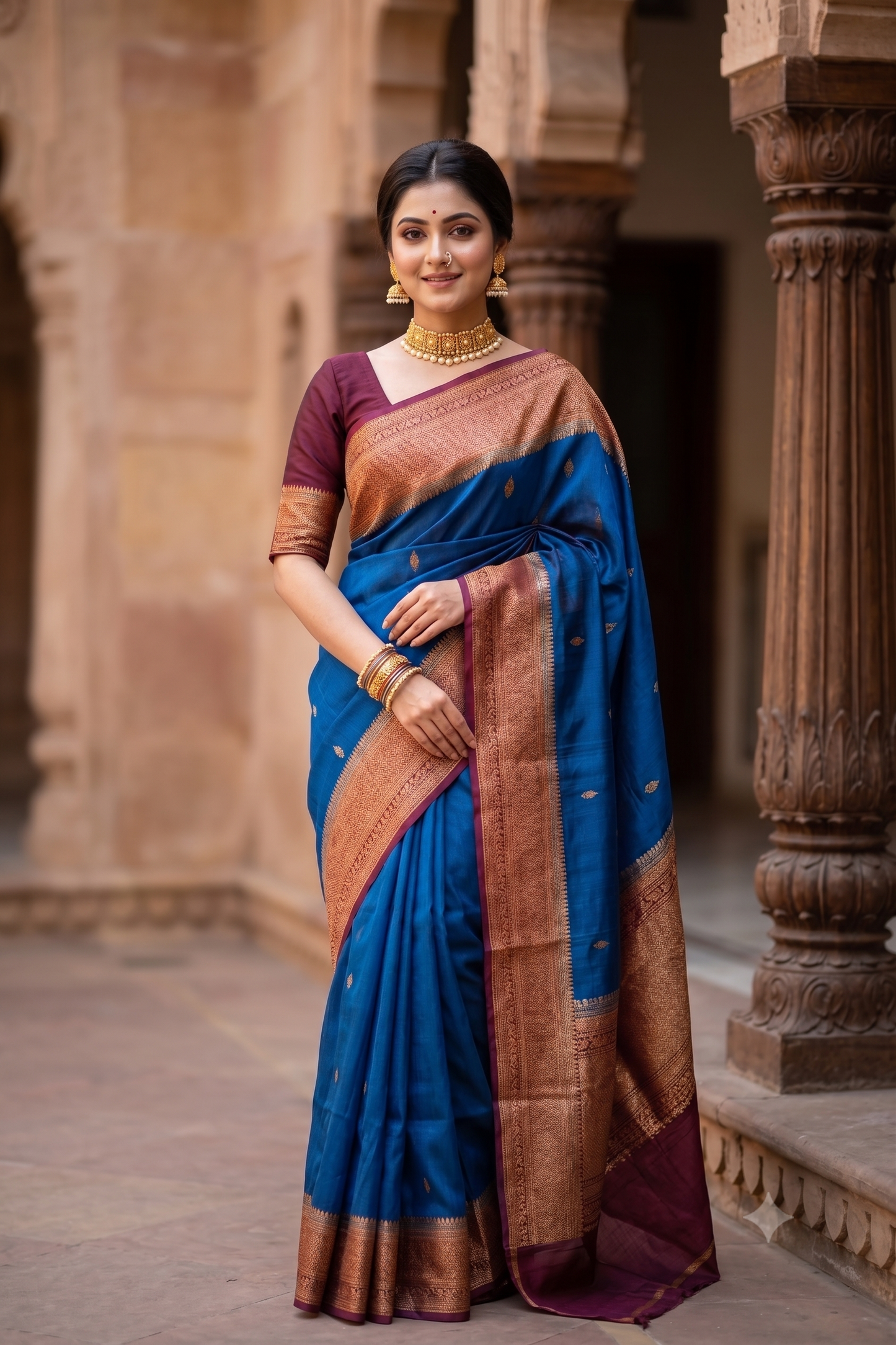 Royal Blue Kora Banarasi Silk Saree, With Unstiched Blouse