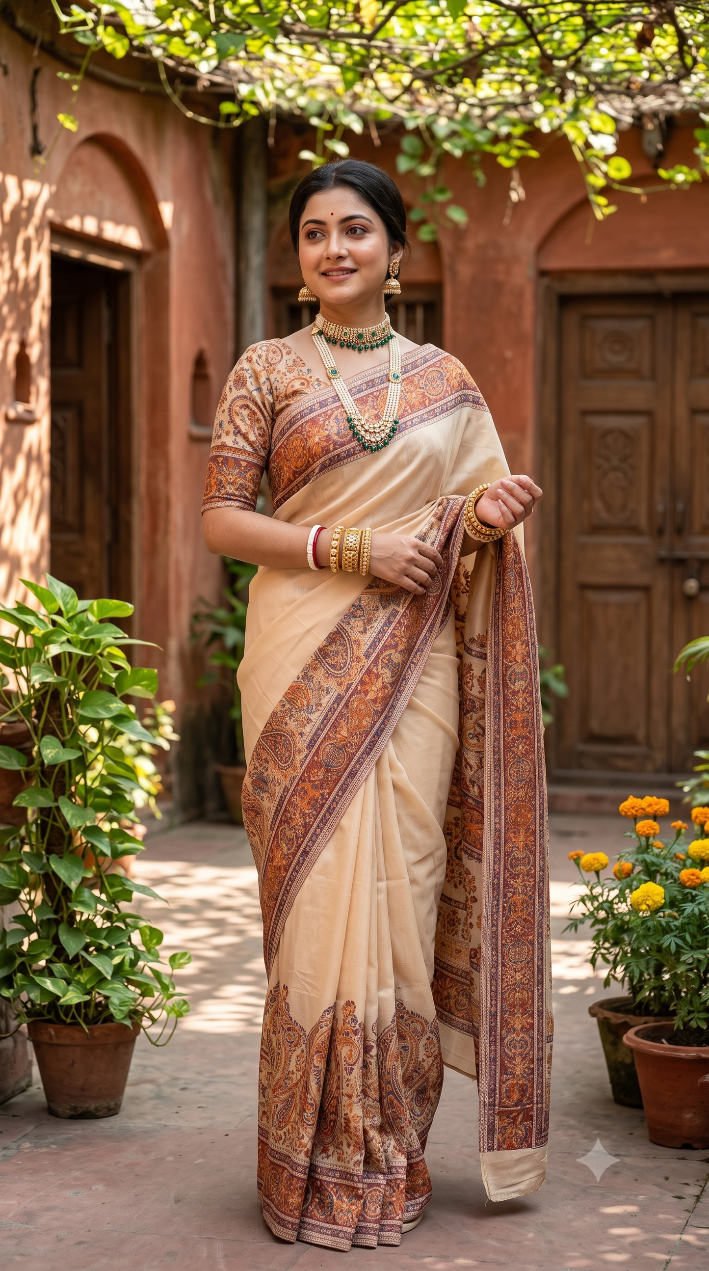 Cream Pure Kani Handloom Silk Saree With Floral Woven Blouse