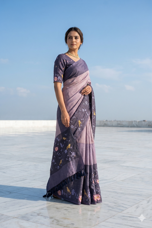 Violet Tussar Resham embroidery saree with unstitched blouse, traditional wear by Saarang Sarees, showcasing intricate craftsmanship.
