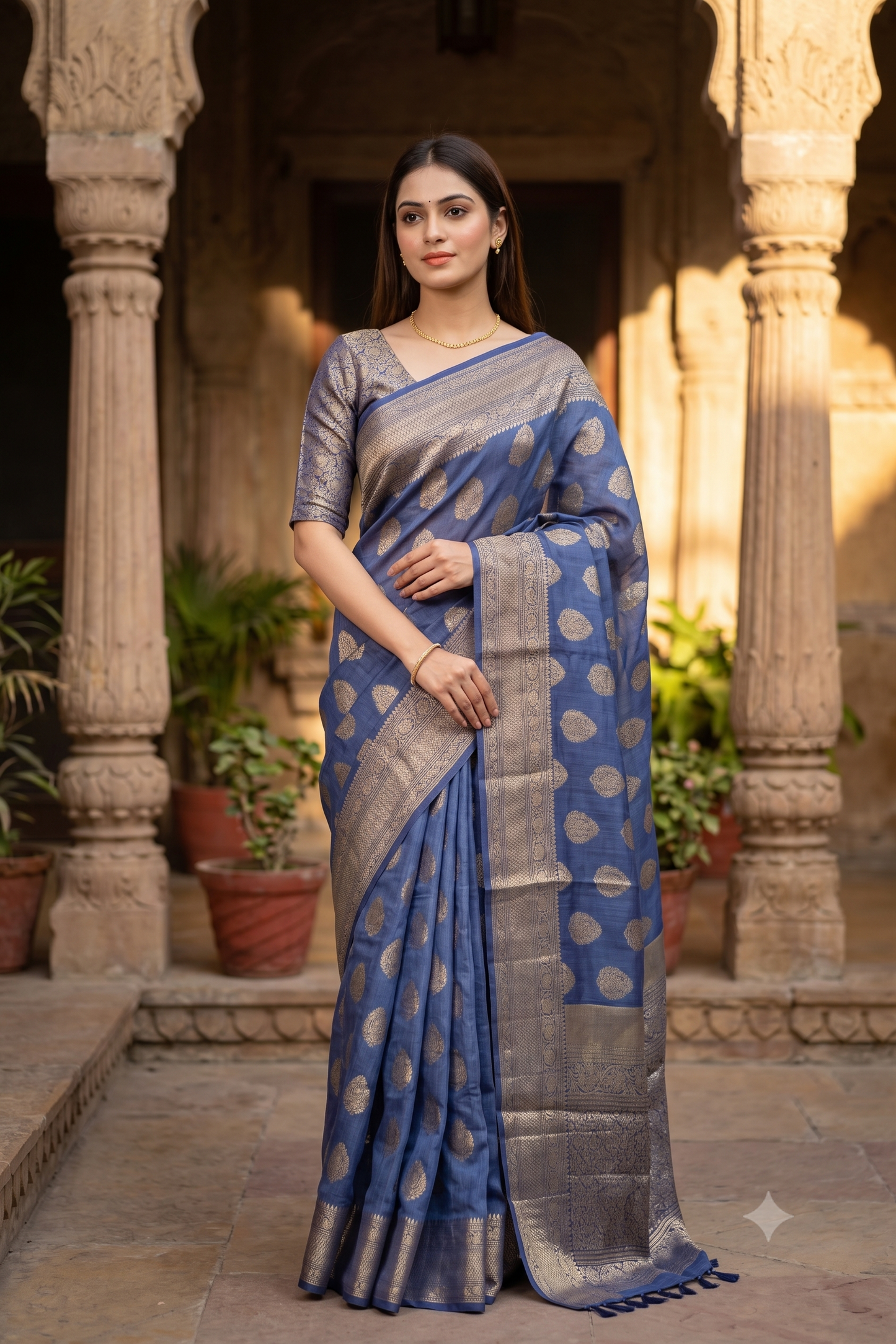 Deep Blue Linen Banarasi Saree With Unstiched Blouse