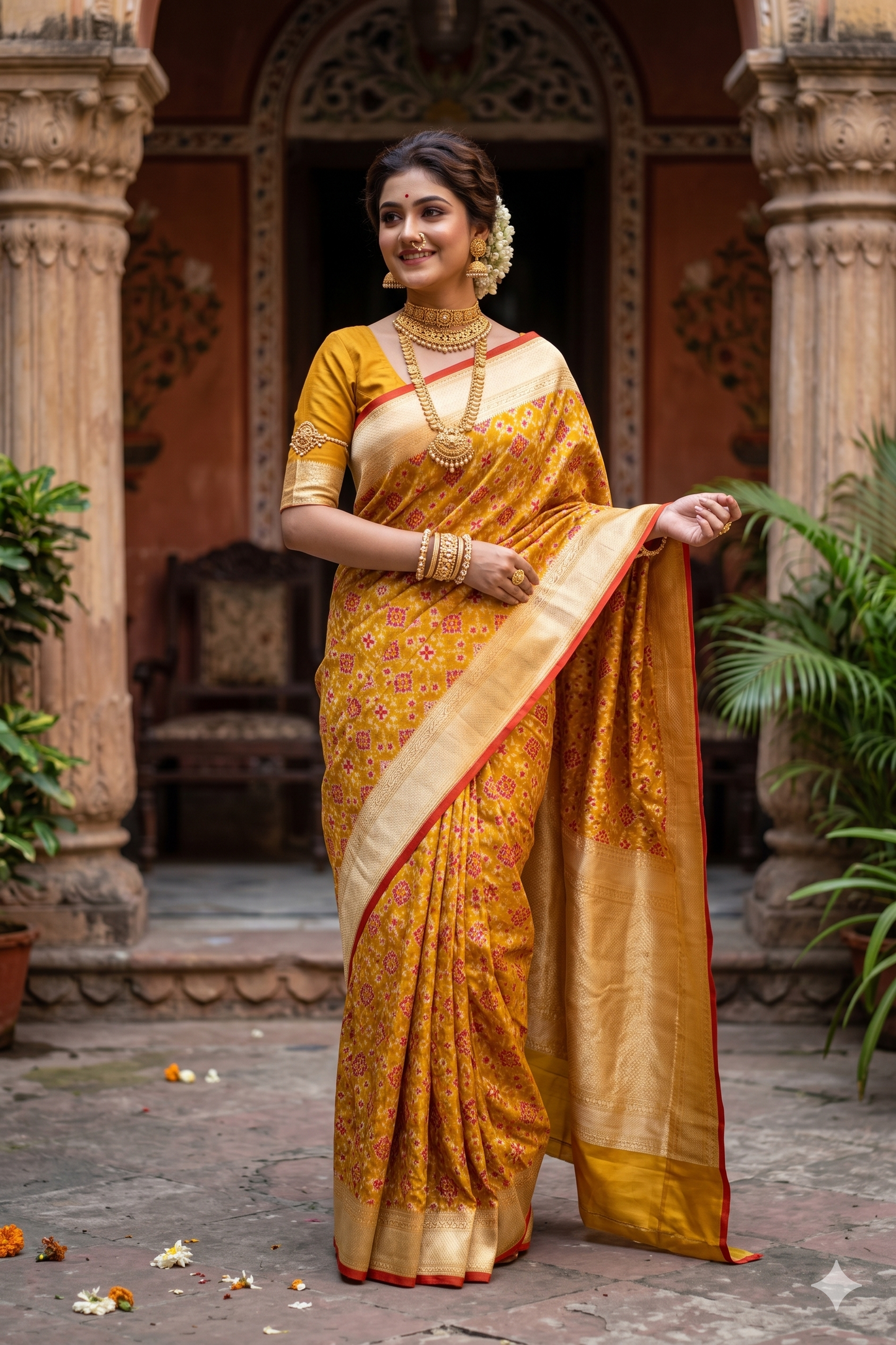Mustard Yellow Banarasi Patola Silk Saree, With Unstiched Blouse