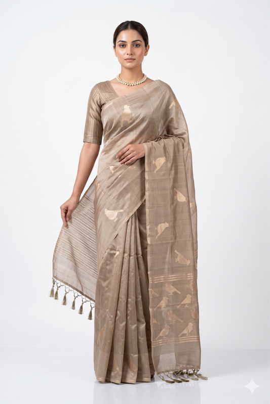 Deep Beige Soft Katan Silk Saree, With Unstich Blouse