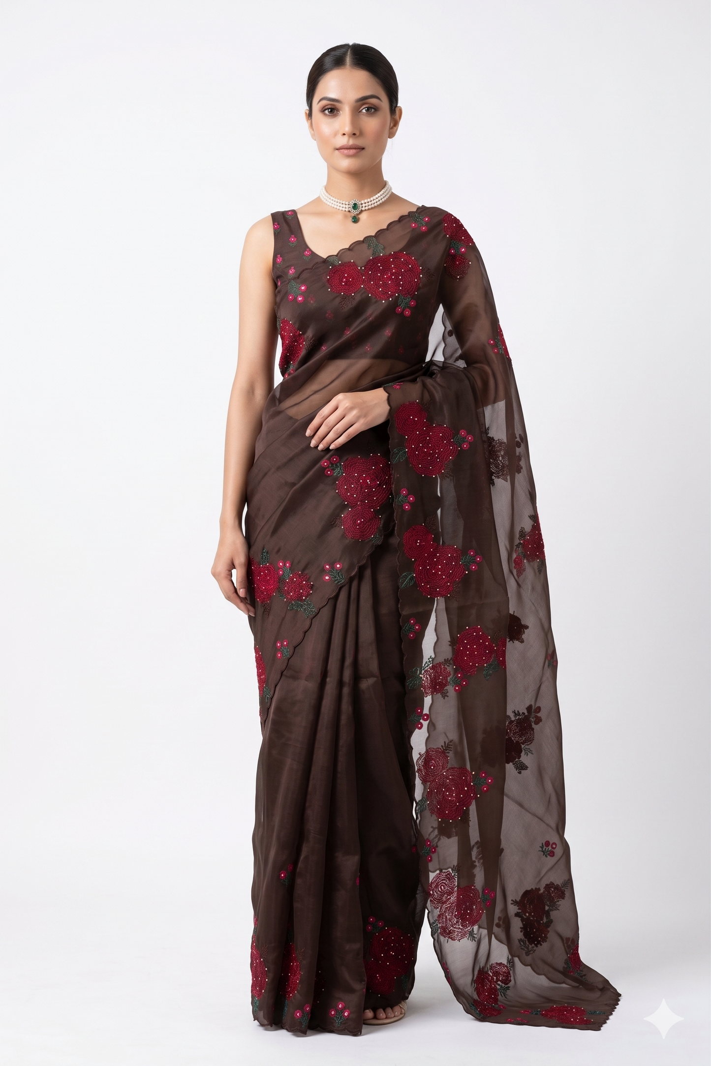 Dark Brown Organza Silk Embroidery Saree, With Unstiched Blouse