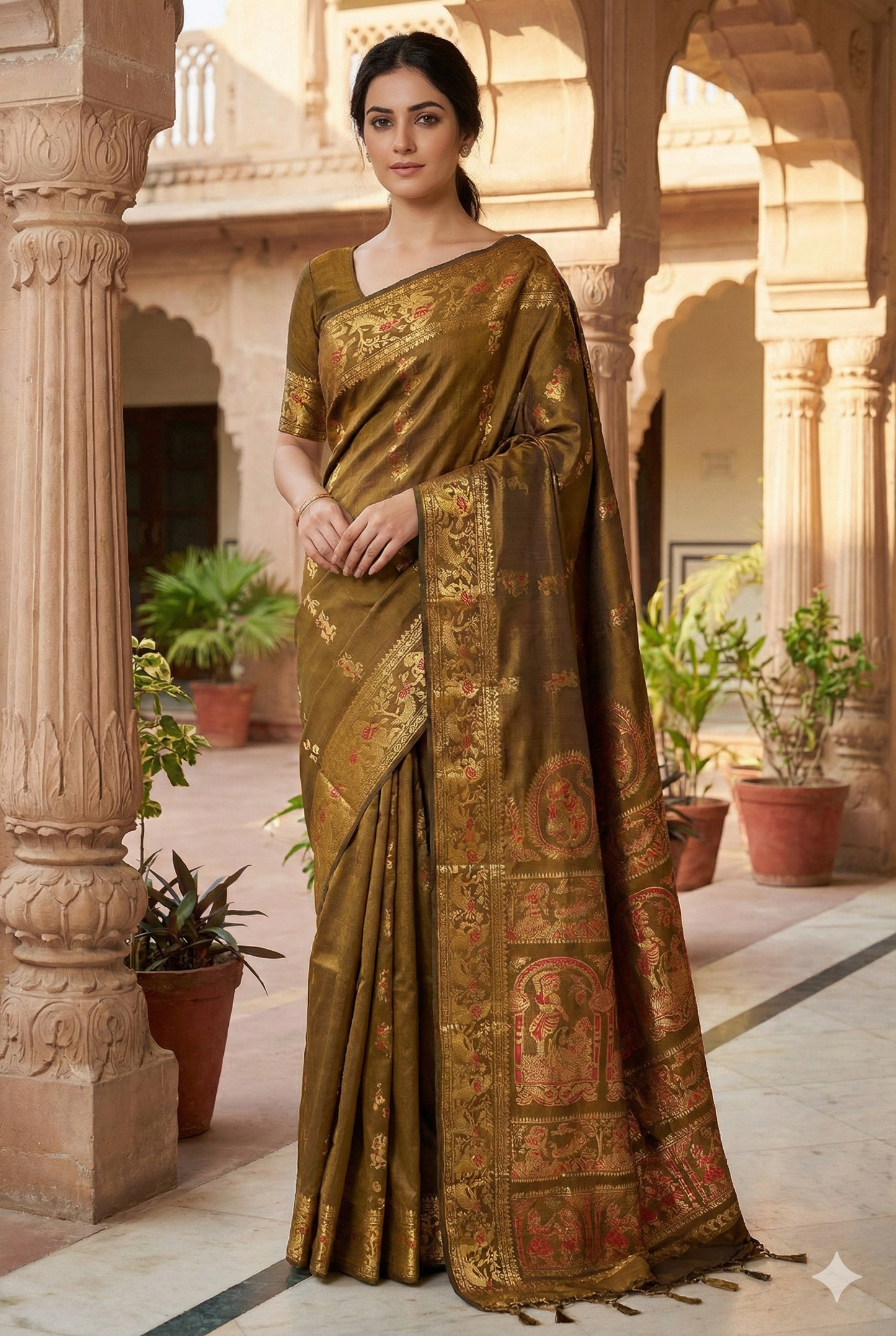Golden Brown Hand Woven Baluchari Silk Saree, With Untiched Blouse