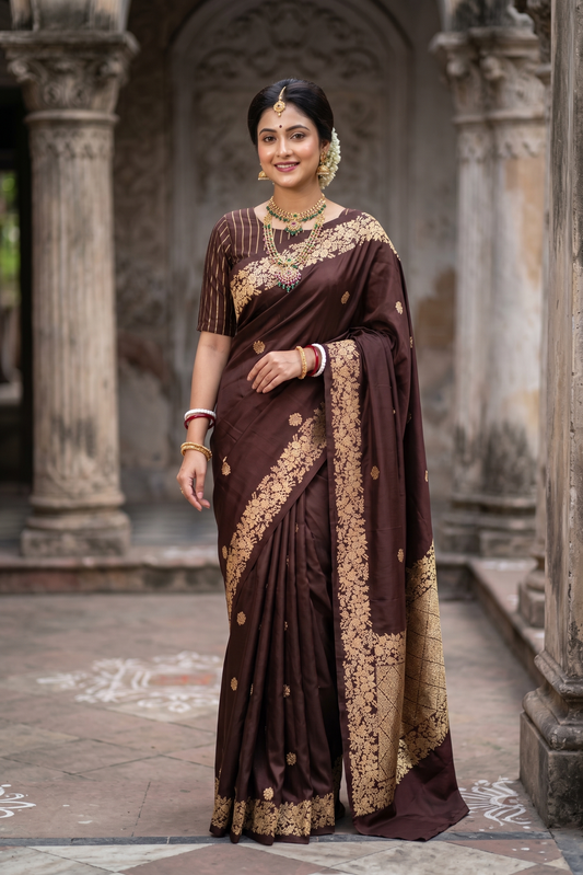 Chocolate Brown Mashru Silk Banarasi Handloom Saree, With Unstiched Blouse