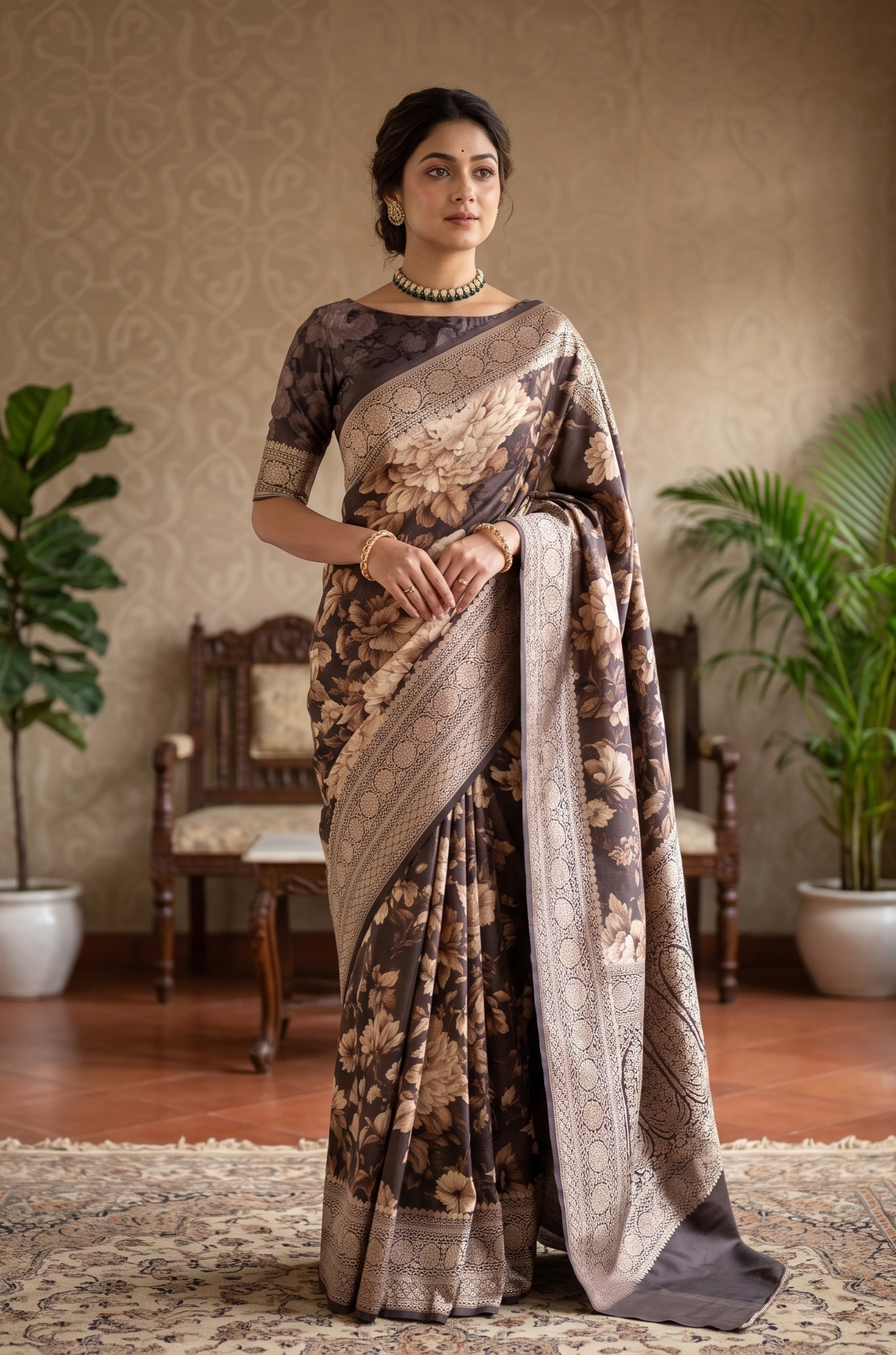 Deep Brown Mashru Silk Printed Banarasi Handloom Saree, With Unstiched Blouse
