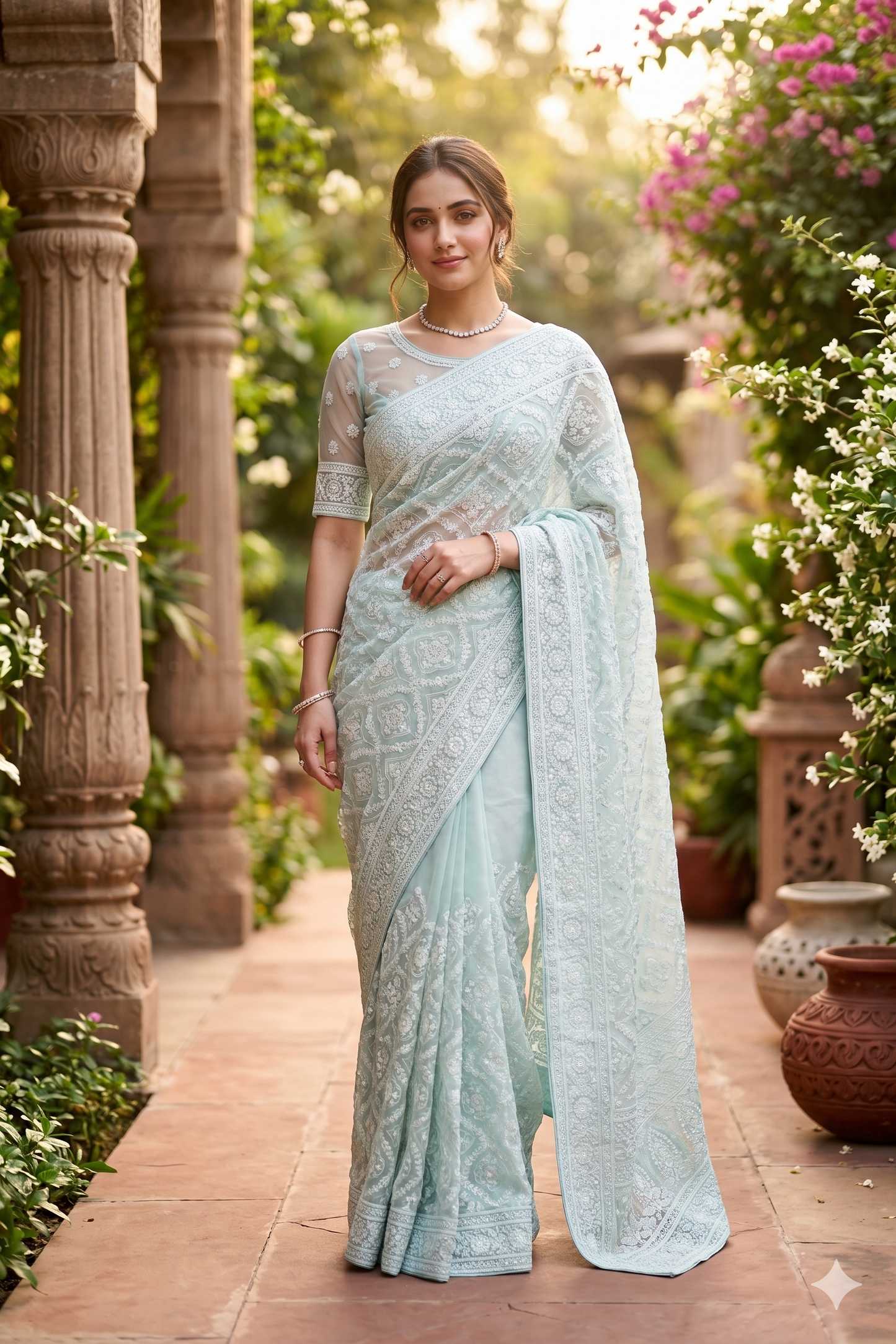 Firozi Blue Georgette Chikankari Saree, With Unstiched Blouse