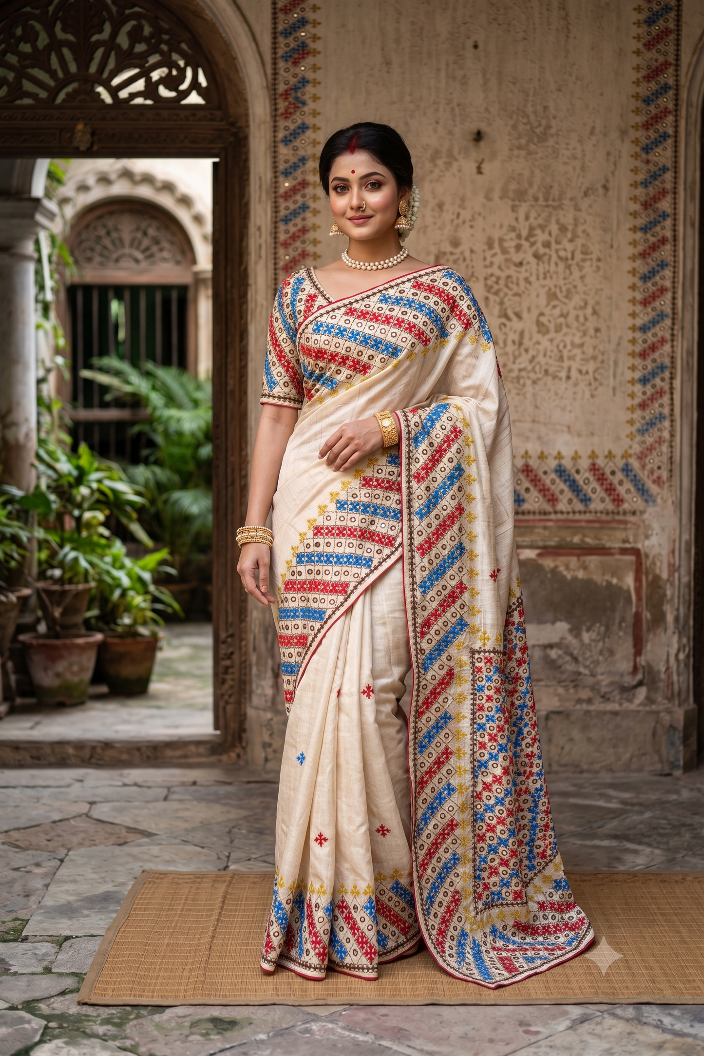 Off-White Tussar Embroidery Saree With Kathiawari Work Border, With Unstitched Blouse