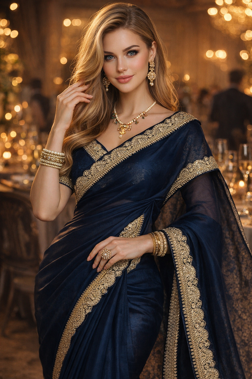 Navy Blue Colour Organza Silk Saree With Zari Border