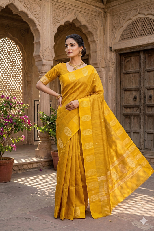 Mustard yellow Tussar handloom saree with mashru border and unstitched blouse, traditional wear by Saarang Sarees.