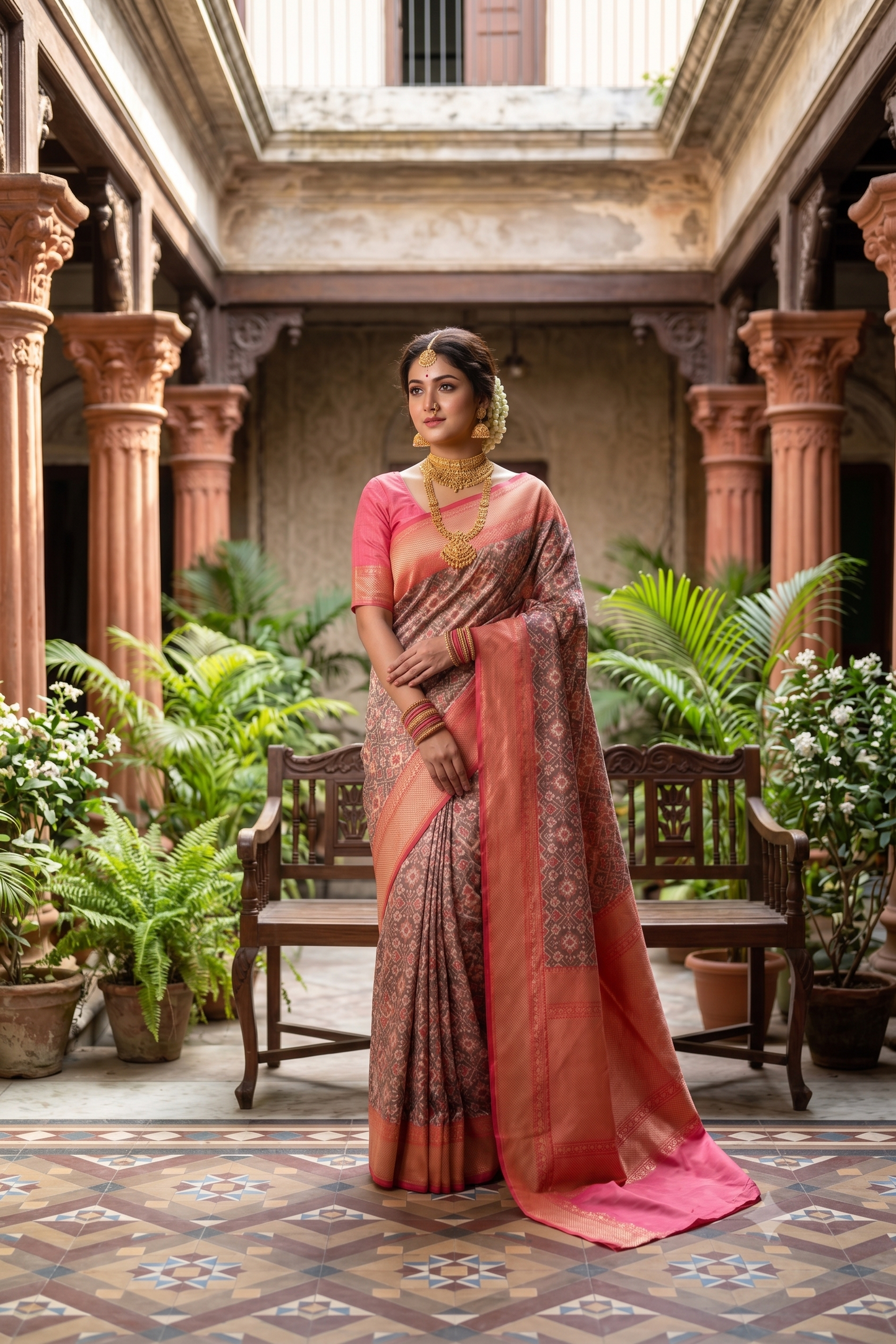 Brown & Multi Banarasi Silk Saree With Patola Concept, With Unstiched Blouse