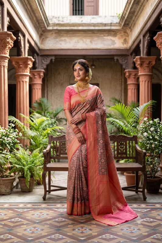 Brown & Multi Banarasi Silk Saree With Patola Concept, With Unstiched Blouse