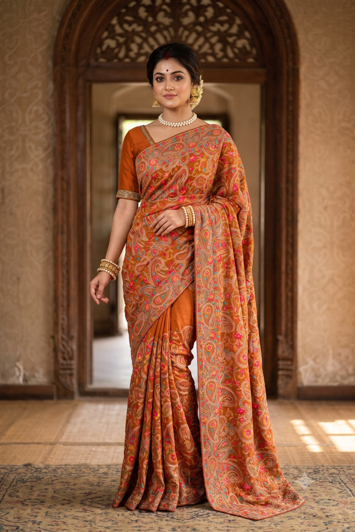 Saffron Georgette Saree With Kashmiri Work, With Unstiched Blouse