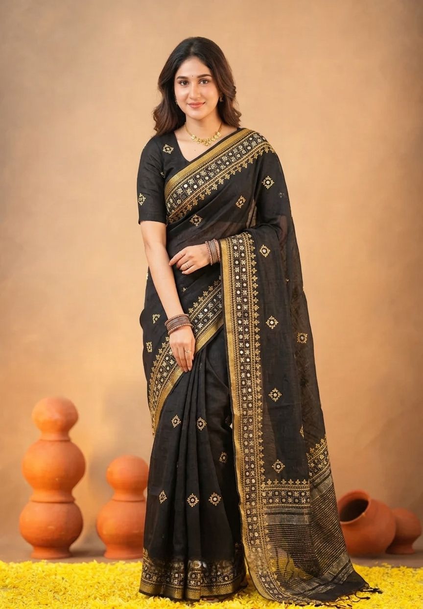 Black Linen Silk Saree Hand Embroidered Work, With Unstiched Blouse