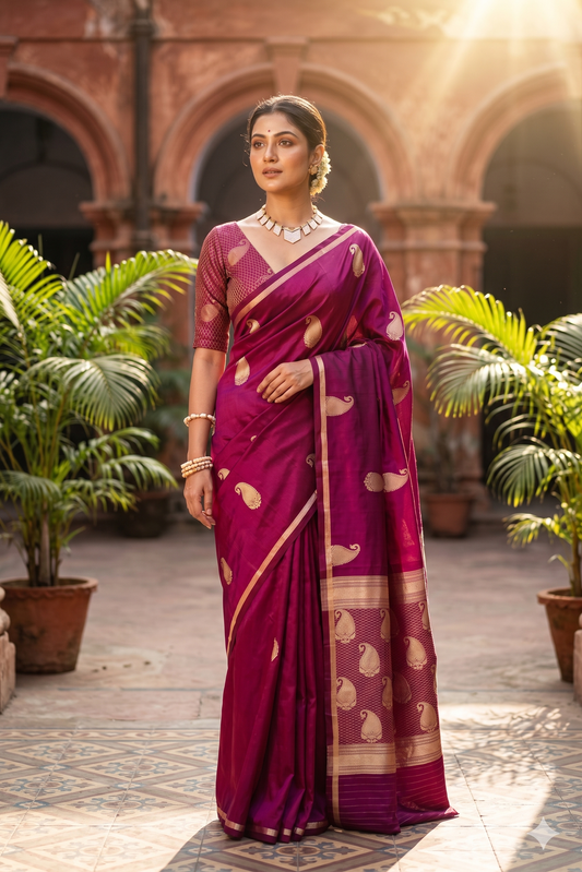 Deep purple Katan Mashru silk Banarasi saree from Saarang Sarees with intricate gold zari work and matching unstiched blouse.