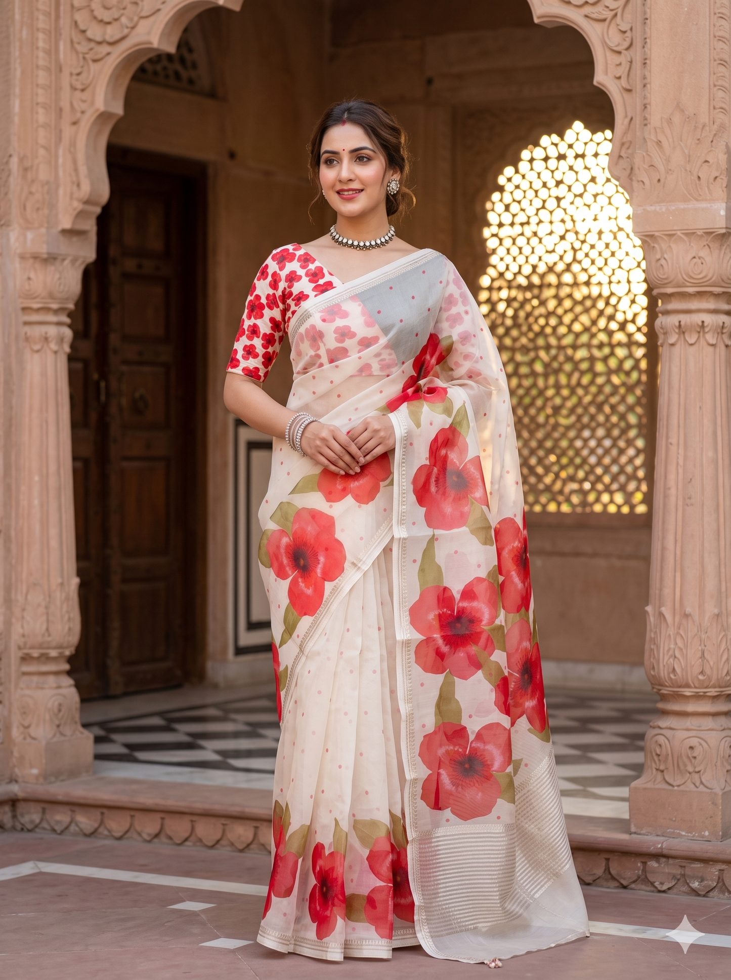 White & Red Floral Printed Organza Saree, With Unstiched Blouse