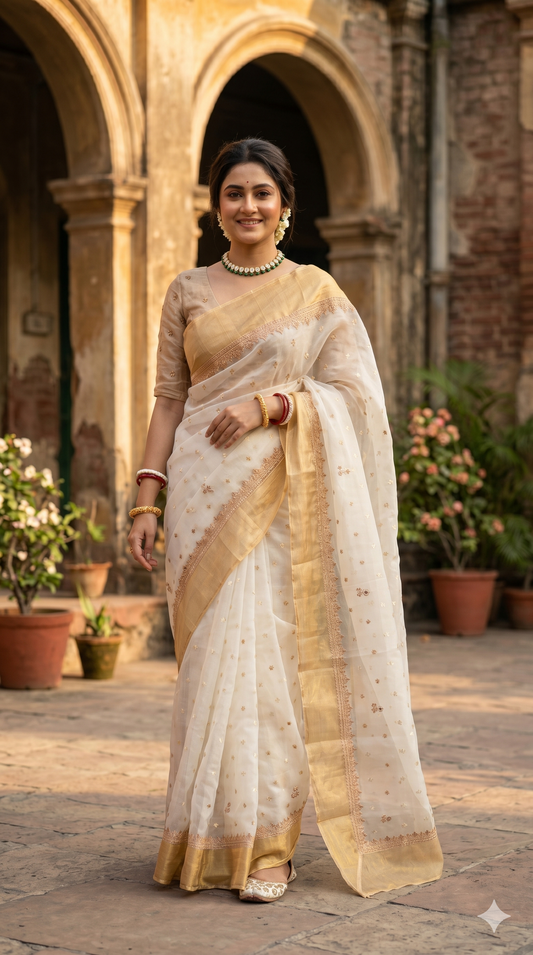 Off-White organza silk saree with intricate embroidery, paired with an unstiched blouse, ideal for party wear by Saarang Sarees.