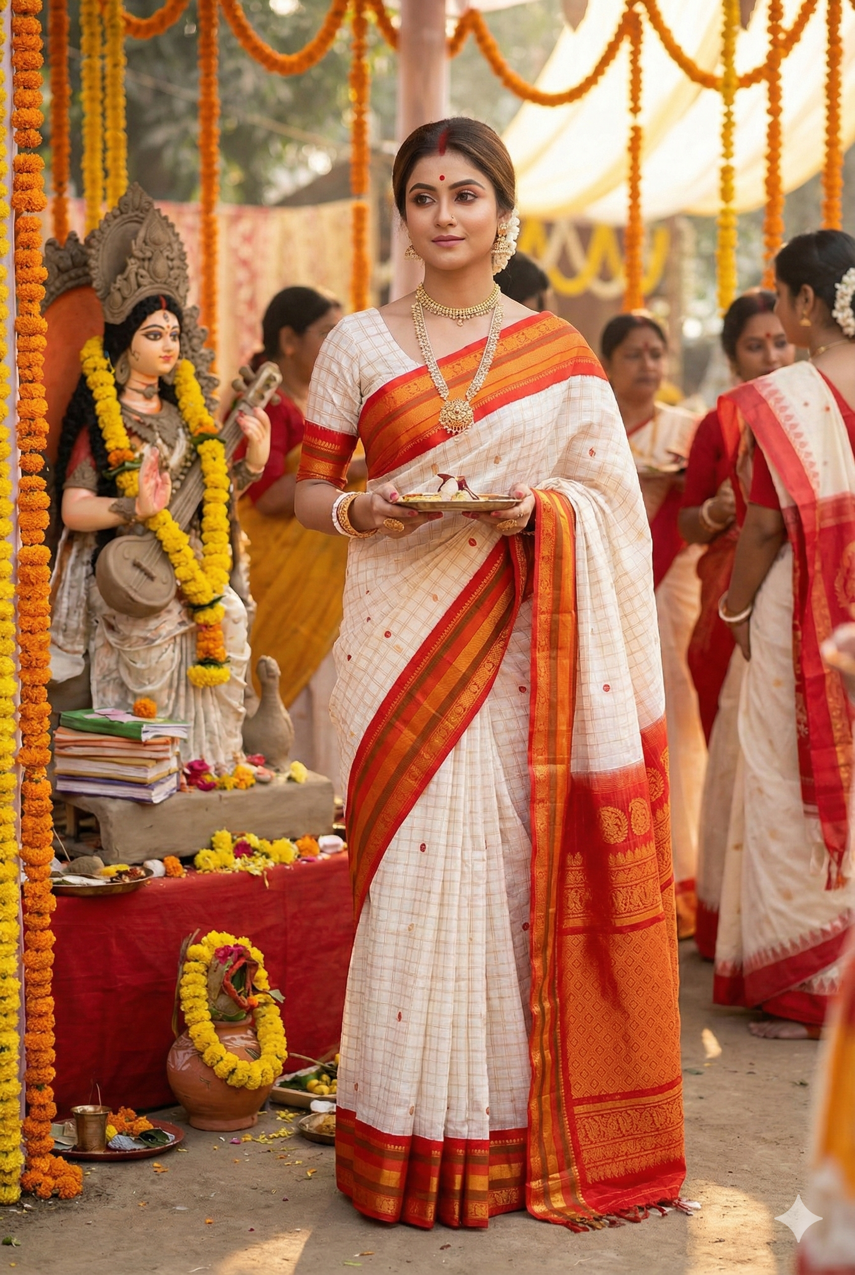 Off-White Sico Gadwal Saree from Saarang Sarees with a matching unstiched blouse, traditional Indian wear featuring intricate patterns.
